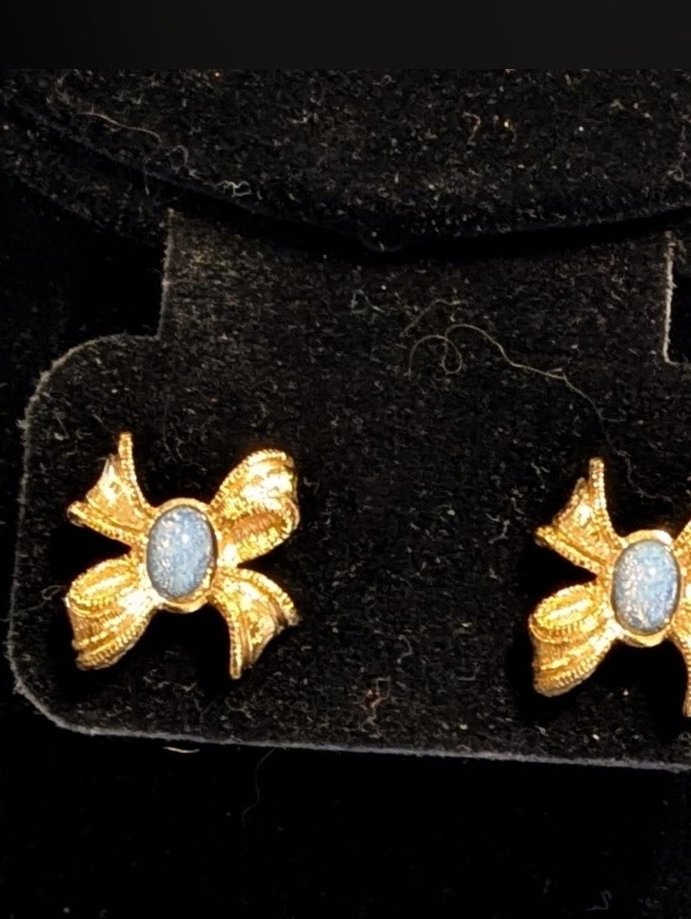 Vintage Avon Gold Tone Bow Pierced Earrings with Faux Blue Opal Stone